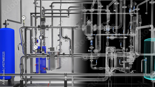 Foto Industrial Boiler Room – Large-Scale 3D Rendering of Mechanical Equipment and Pi