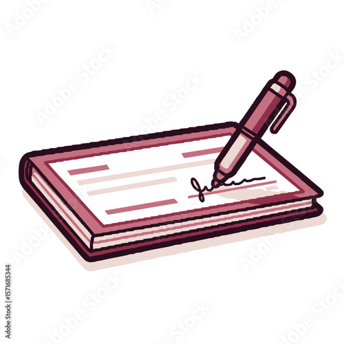 Hand drawn illustration of a checkbook with a pen signing a check