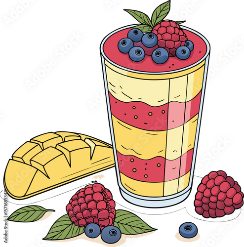 Layered Berry Mango Smoothie Illustration with Fruits and Straw

