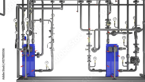Industrial Boiler Room – Large-Scale 3D Rendering of Mechanical Equipment and Piping System