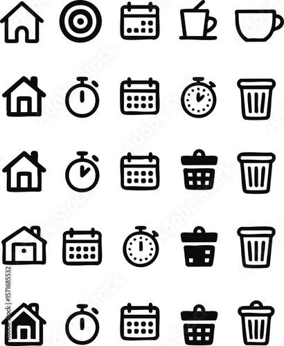 Collection of Simple Black Icons Home, Calendar, Timer, Trash, and Coffee Cup
