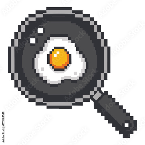 Pixel art fried egg cooking in a black frying pan on a white background