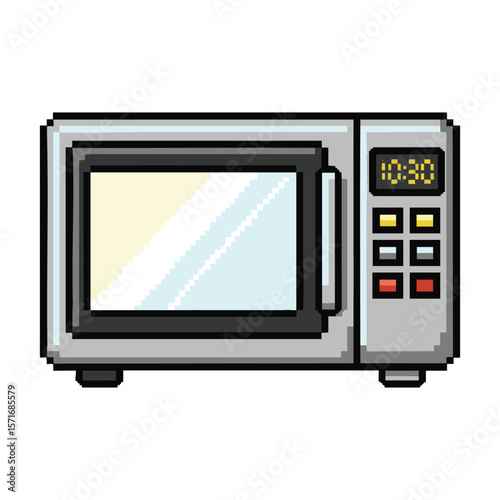 Pixel art microwave oven with digital display showing time and buttons