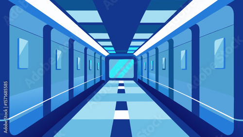 Empty futuristic long hall architecture of a subway station in Moscow, Russia with a shiny floor and soft
