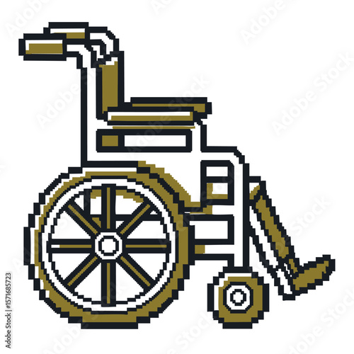 Pixel art wheelchair icon with gold and dark blue outlines on white background