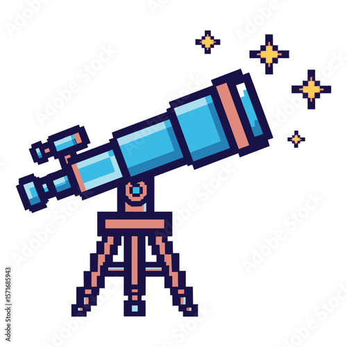 Pixel art telescope on tripod looking at stars in the night sky
