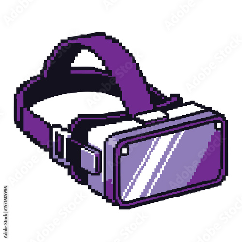 Pixel art virtual reality headset with purple accents and reflective lenses