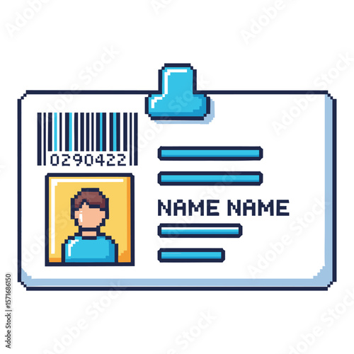 Pixel art identification card with photo barcode and name fields