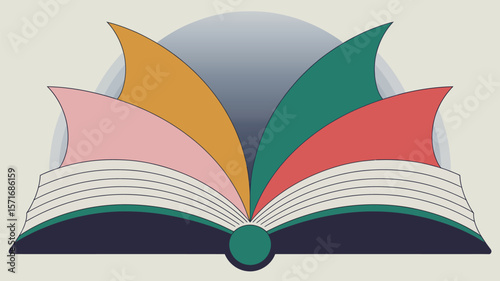 Illustration of an open book with colorful pages against a light background and a gray gradient circle