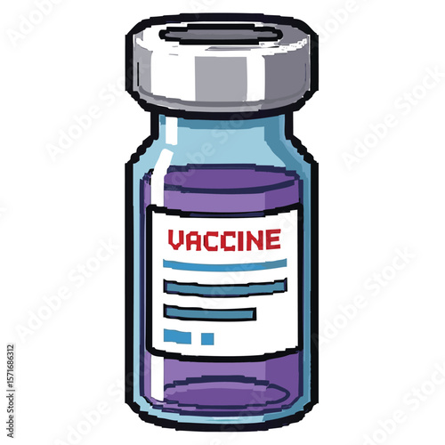 Pixel art illustration of a vaccine vial with purple liquid and a silver cap