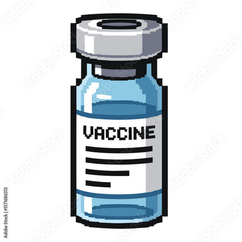 Pixel art illustration of a vaccine vial with blue liquid and a label