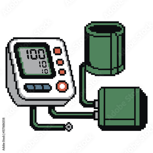 Pixel art of a digital blood pressure monitor with cuff and display