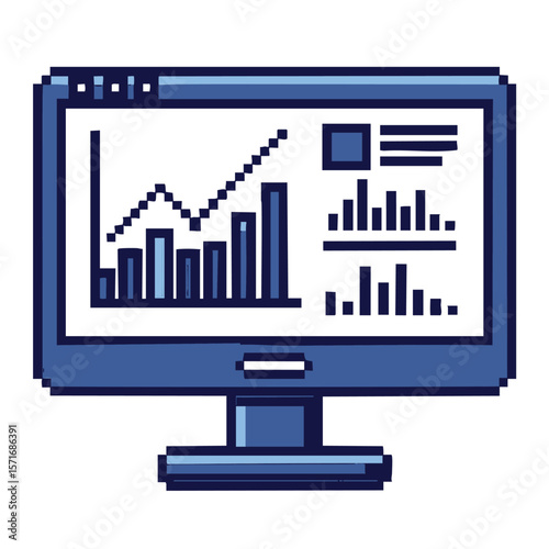 Pixel art computer monitor displaying financial charts and graphs with rising trend