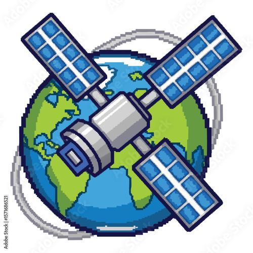 Pixel art satellite orbits the planet earth with solar panels