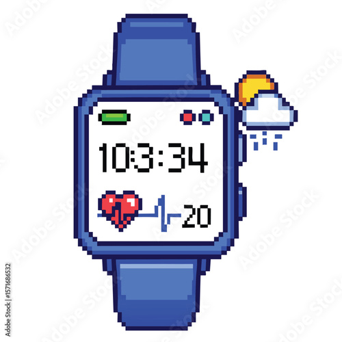 Pixel art blue smartwatch displaying time heart rate and weather forecast