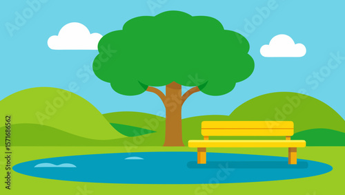 A vibrant cartoon landscape features a tree in a sunny park with flowers and green grass under a cloudy sky
