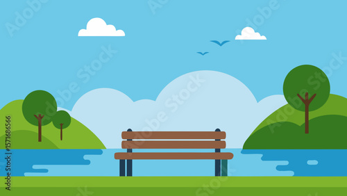 A vibrant summer landscape illustration of a green park meadow with a lone bench under a blue sky with clouds and trees