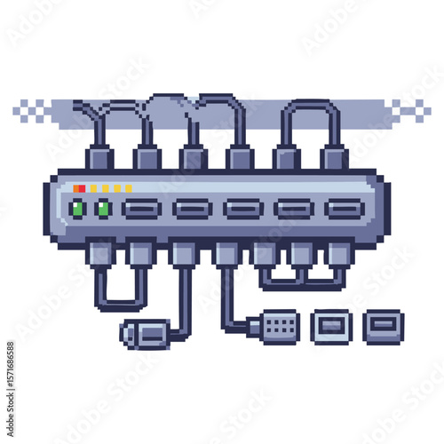 Pixel art representation of a network switch with multiple ports and cables