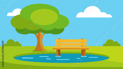 A green park bench sits under a vibrant tree against a clear sky, illustrating a serene summer countryside landscape