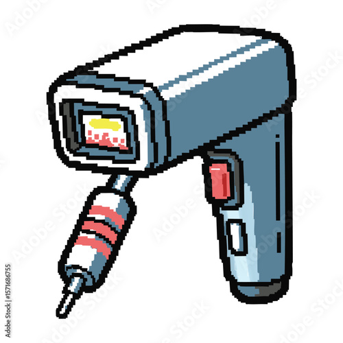 Pixel art illustration of a handheld barcode scanner with a red trigger and cable