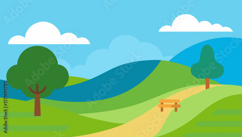 A vibrant summer landscape illustrates nature's beauty with rolling green hills, a bright sky, fluffy clouds, and a colorful rainbow stretching over the peaceful meadow