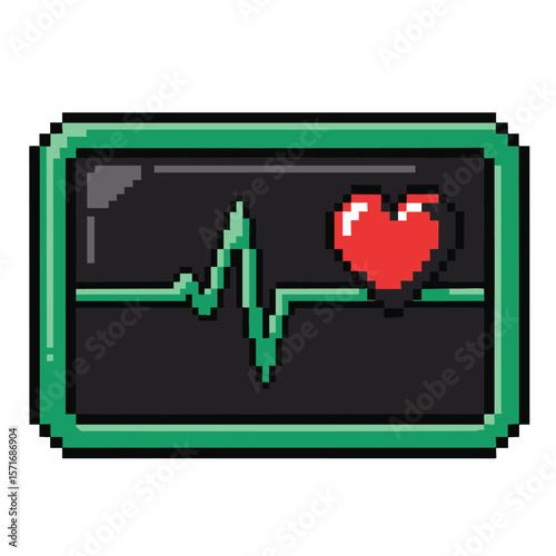 Pixel art heart symbol with electrocardiogram on a monitor screen