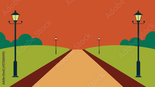 Green golf course landscape vector illustration with a summer sky, sun, and rolling hills