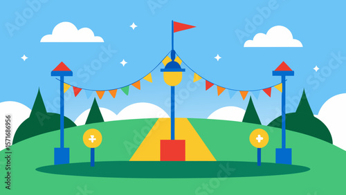 A colorful cartoon landscape illustration of a tent in a summer forest with a bright sky and green hills