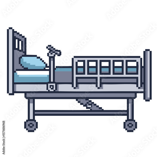 Pixel art hospital bed with pillow and adjustable features on wheels