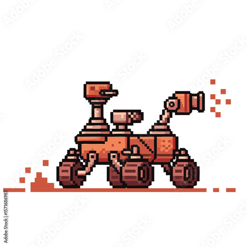 Pixel art mars rover exploring a red planet surface with dust clouds