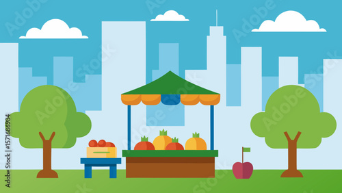 Vector illustration of an autumn city landscape with trees, houses, and green grass under a cloudy sky