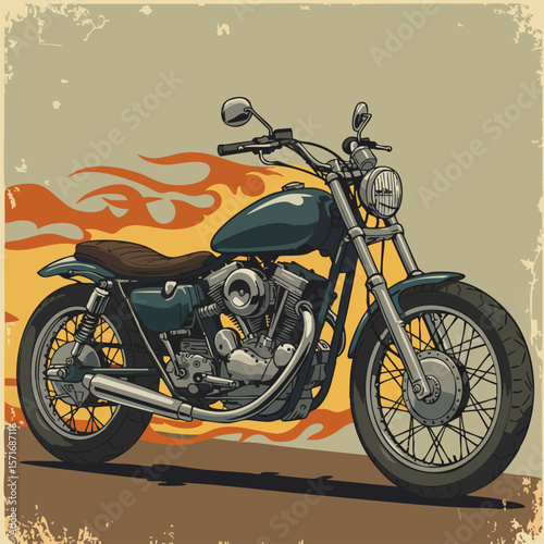 Classic Motorcycle with Flames. Vintage moto plate. EPS 10 version.
