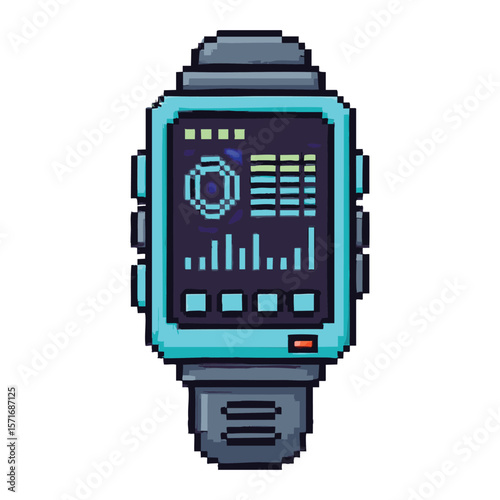 Pixel art smartwatch with futuristic interface displaying data and graphs