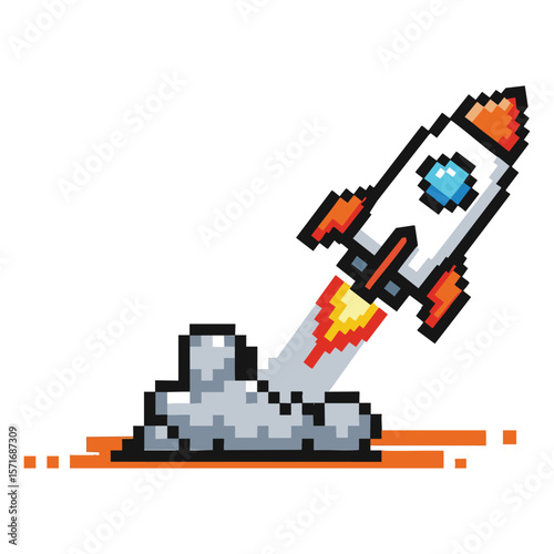 Pixel art rocket launching with smoke and fire on a white background