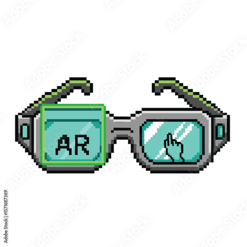 Pixel art augmented reality glasses with ar text and a cursor hand