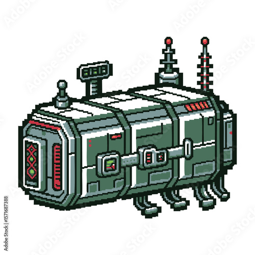 Retro pixel art futuristic spaceship module with antennas and lights