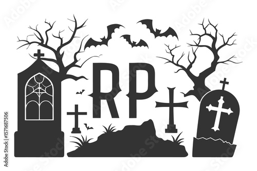 Black silhouette tombstone graveyard with bats and trees halloween cemetery