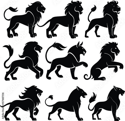 Lion silhouette bundle vector A collection of 9 black silhouettes in various poses, including jumping, standing, sitting. Each silhouette is clean and minimal,contrast, no details inside the shapes, 
