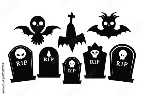 Black silhouette tombstones and spooky creatures for Halloween gravestones skulls
