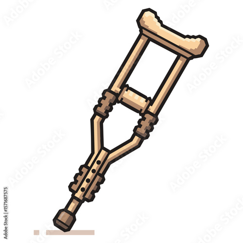 Pixel art illustration of a single wooden crutch with black outline on white background