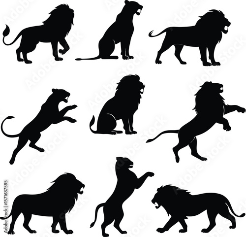 Lion silhouette bundle vector A collection of 9 black silhouettes in various poses, including jumping, standing, sitting. Each silhouette is clean and minimal,contrast, no details inside the shapes, 
