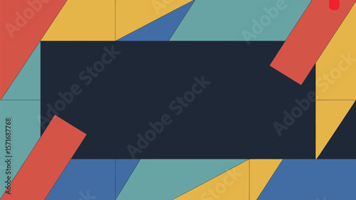 Geometric frame with triangles and rectangles in red blue yellow and teal against a dark background