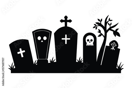 Halloween graveyard scene with spooky tombstones and a bare tree cemetery