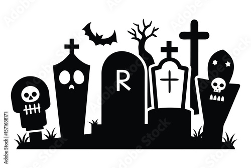 Spooky halloween graveyard scene with skulls bats and crosses tombstones