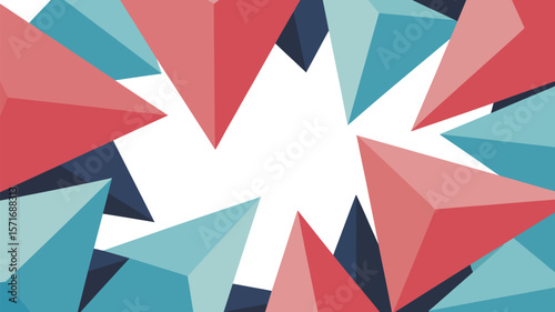 An abstract design featuring red and blue triangular shapes arranged around a central white space area