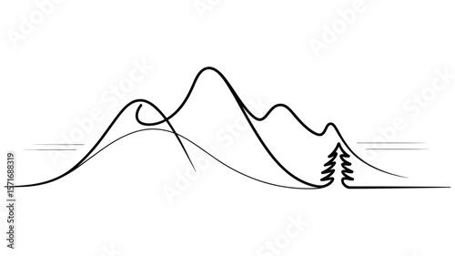 A minimalist line drawing of a mountain range with a single tree on the right side of the image area