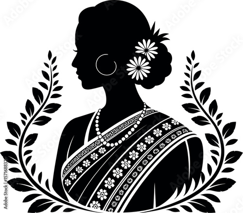 Silhouette of a woman in a saree with flowers in her hair surrounded by leafy branches art