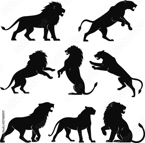 Lion silhouette bundle vector A collection of 9 black silhouettes in various poses, including jumping, standing, sitting. Each silhouette is clean and minimal,contrast, no details inside the shapes, 