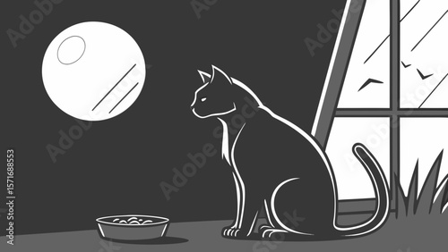 Grieving Cat at Empty Food Bowl in Moonlight