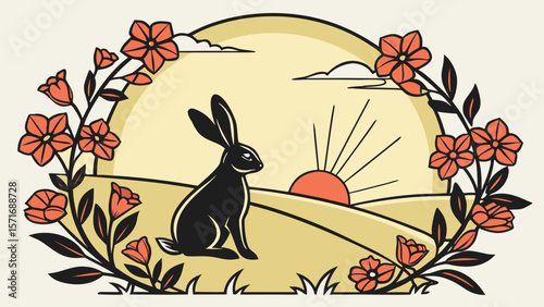 Rabbit in Wreath of Flowers Facing Sunrise